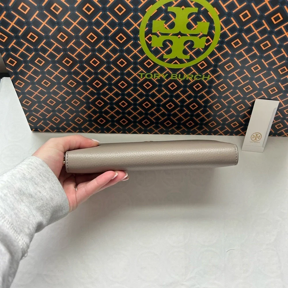 Tory Burch Walker Zip Continental Wallet Gray Heron Gold Grey